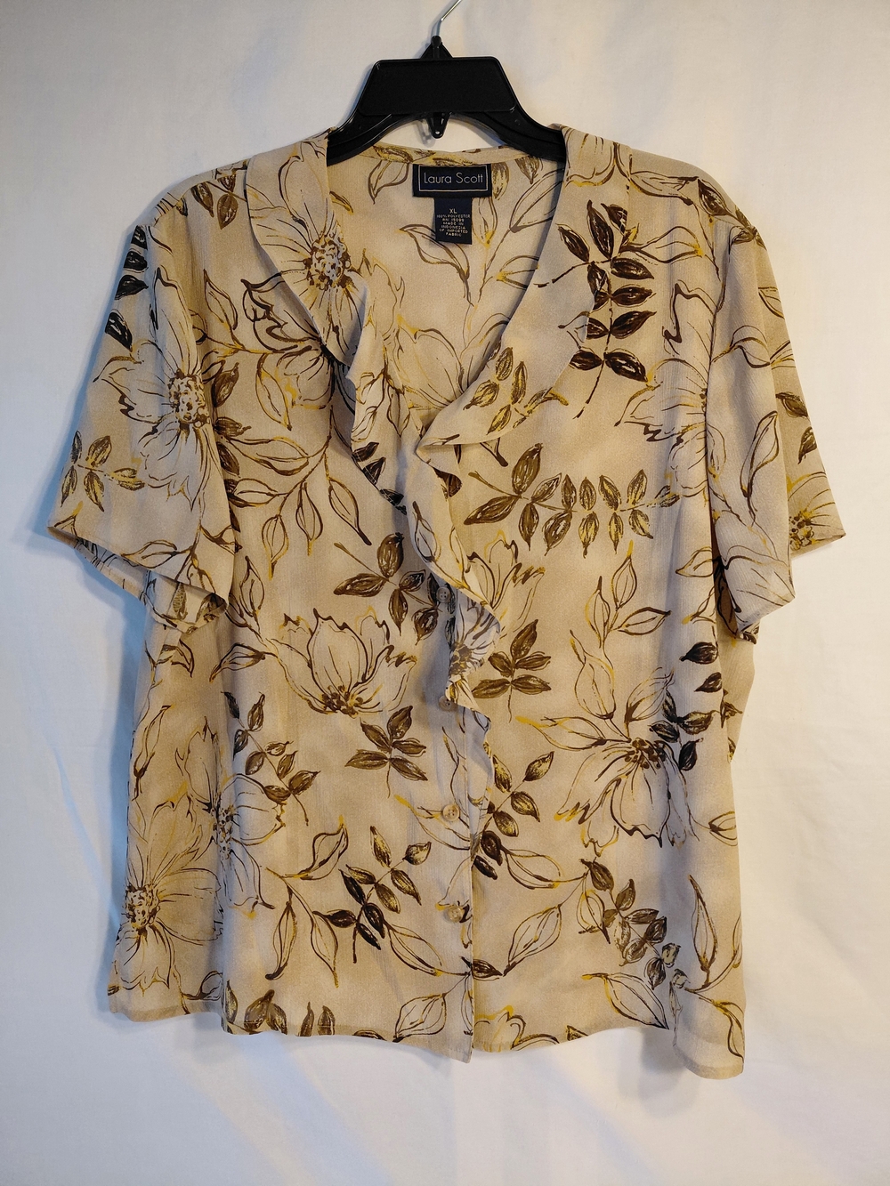 Laura Scott Beige Floral Ruffle Front Blouse